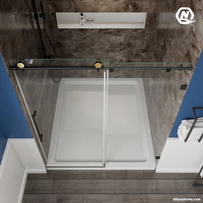 Anchor 56"-60" Width x 74" Height Frameless Sliding Shower Door,Clear Tempered Glass,Matte Black,Smooth Door Closing,Vertical Handle - ExBriteUSA