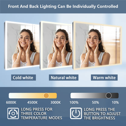LED lighted bathroom medicine cabinet with adjustable front and back lighting, showcasing three color temperature modes for enhanced illumination.