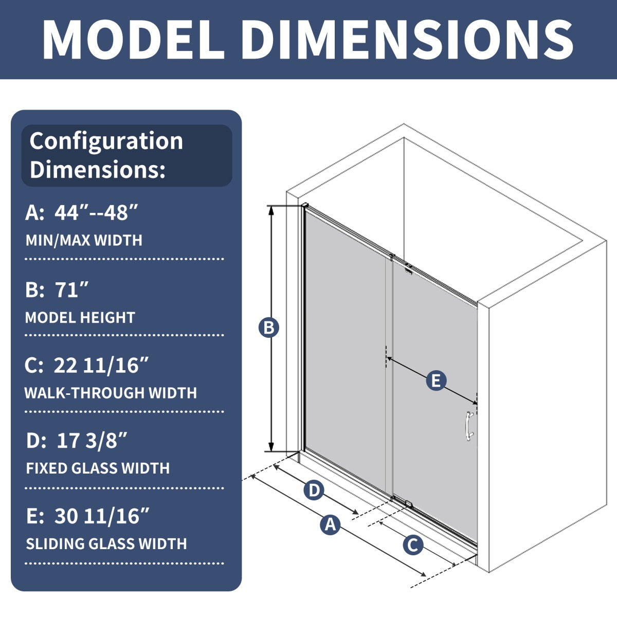 Flexi 44-48"x71" Frameless Shower Door in Brushed Nickel,Water Repellent Glass with Seal Strip Parts and Handle,6mm Glass Shower Door - ExBriteUSA