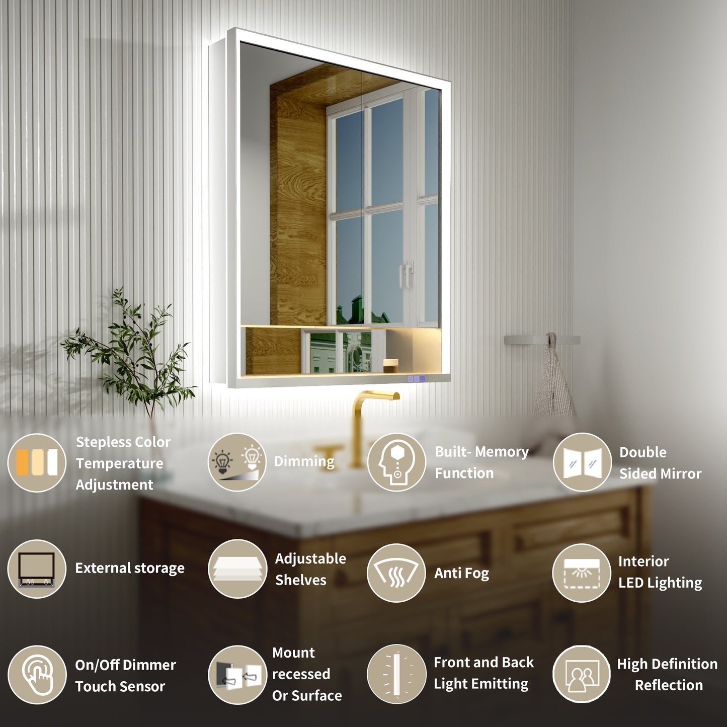 Ample 30" W x 36" H LED Lighted Chrome Medicine Cabinet with Mirror and Shelves for Bathroom Recessed or Surface Mount - ExBriteUSA