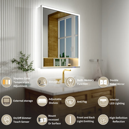 Ample 30" W x 36" H LED Lighted Chrome Medicine Cabinet with Mirror and Shelves for Bathroom Recessed or Surface Mount - ExBriteUSA