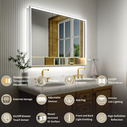 Ample 48" W x 36" H LED Lighted Chrome Medicine Cabinet with Mirror and Shelves for Bathroom Recessed or Surface Mount - ExBriteUSA