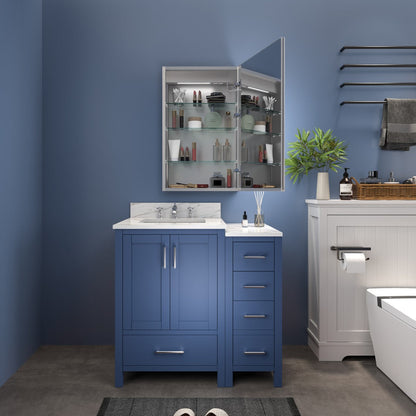 Bathroom with blue vanity, white countertop, and mirror.