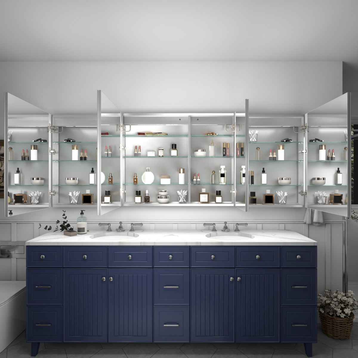 Rim 88" W x 32" H LED Bathroom Medicine Cabinet Recessed or Surface with Mirrors