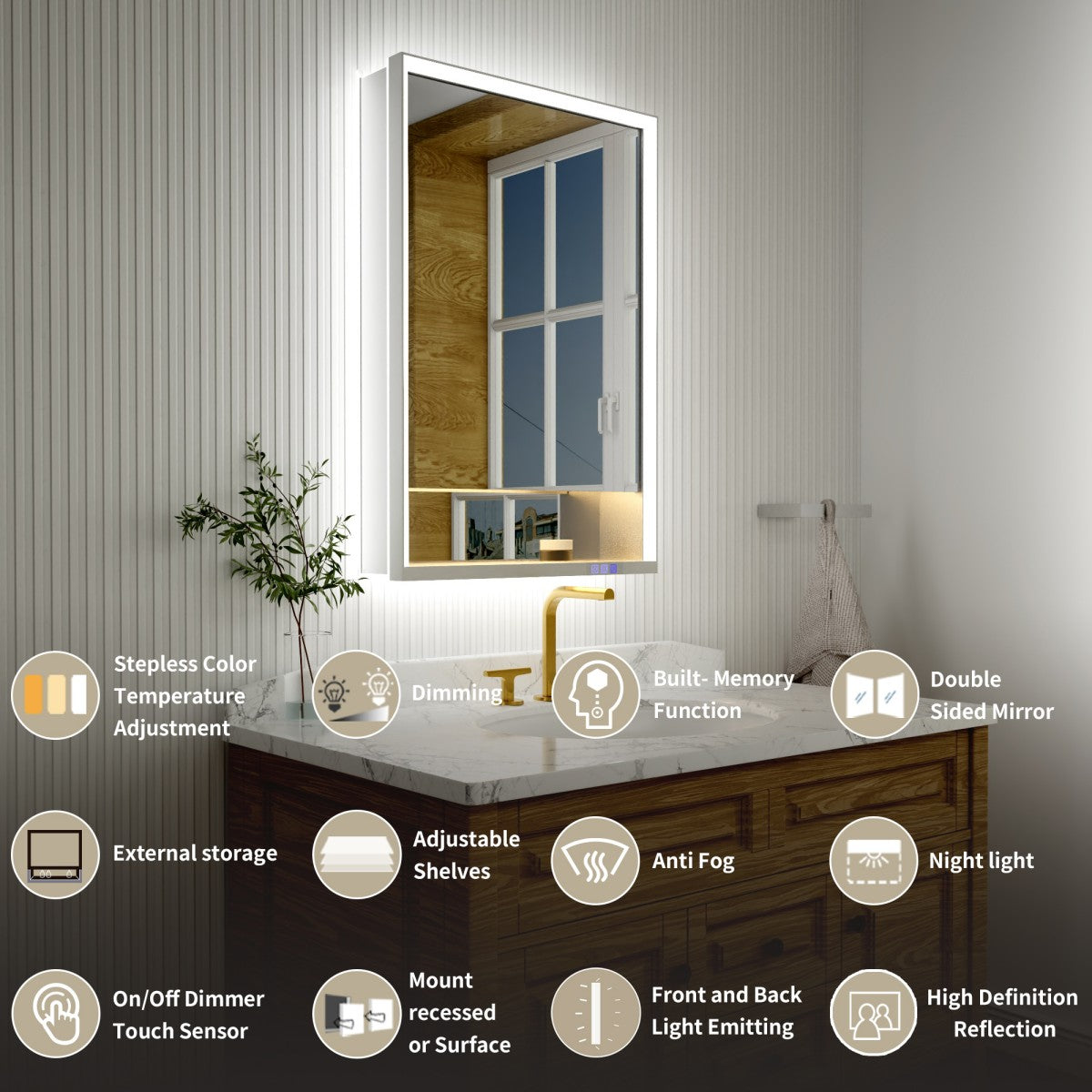 Ample 24" W x 36" H LED Lighted Chrome Bathroom Medicine Cabinet with Mirror and Shelves, Right Hinge for Recessed or Surface Mount