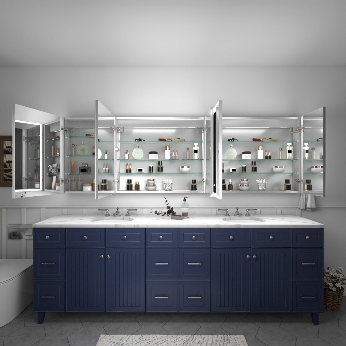 Rim 92" W x 30" H ExBrite LED Lighted Bathroom Medicine Cabinet with Mirror Recessed or Surface with Mirrors