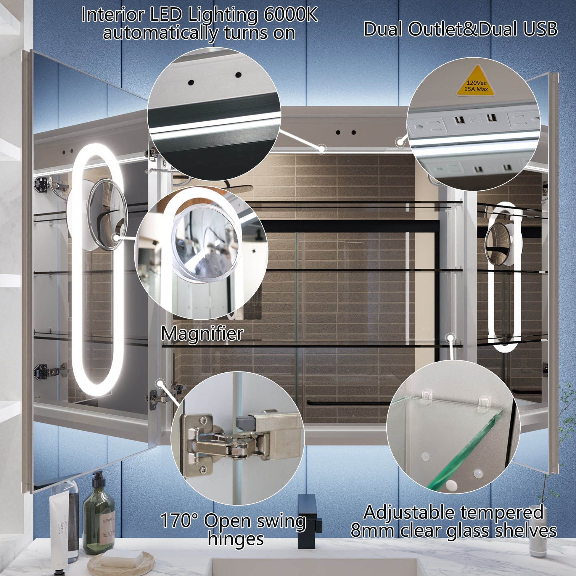 Exbrite LED lighted medicine cabinet with magnifiers, dual USB, adjustable glass shelves, and 170° open swing hinges.
