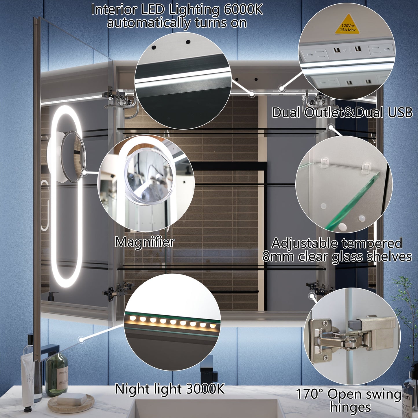 Illusion-B 30" x 32" LED Lighted Inset Mirrored Medicine Cabinet with Magnifiers Front and Back Light - ExBriteUSA