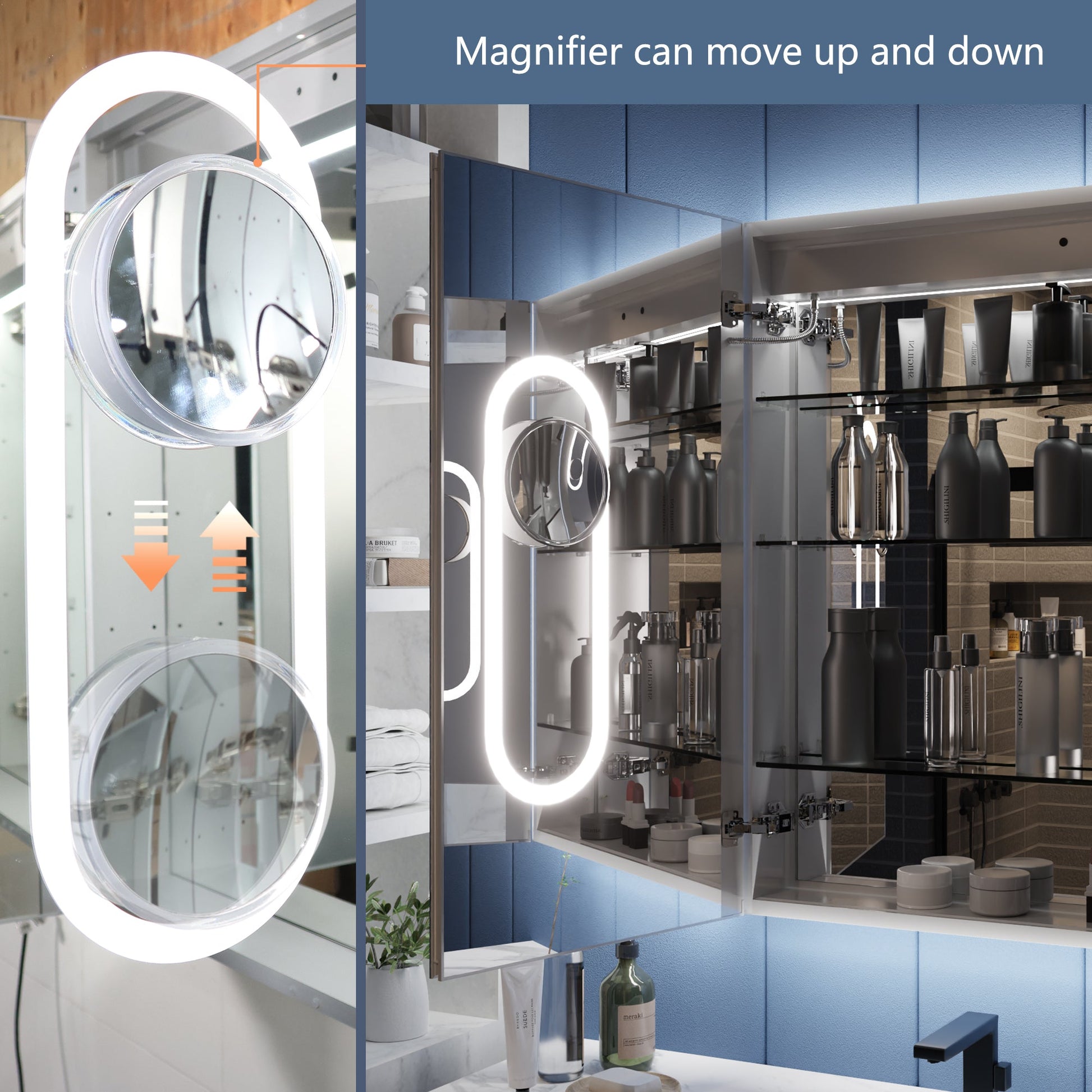 Illusion-B 30" x 32" LED Lighted Inset Mirrored Medicine Cabinet with Magnifiers Front and Back Light - ExBriteUSA