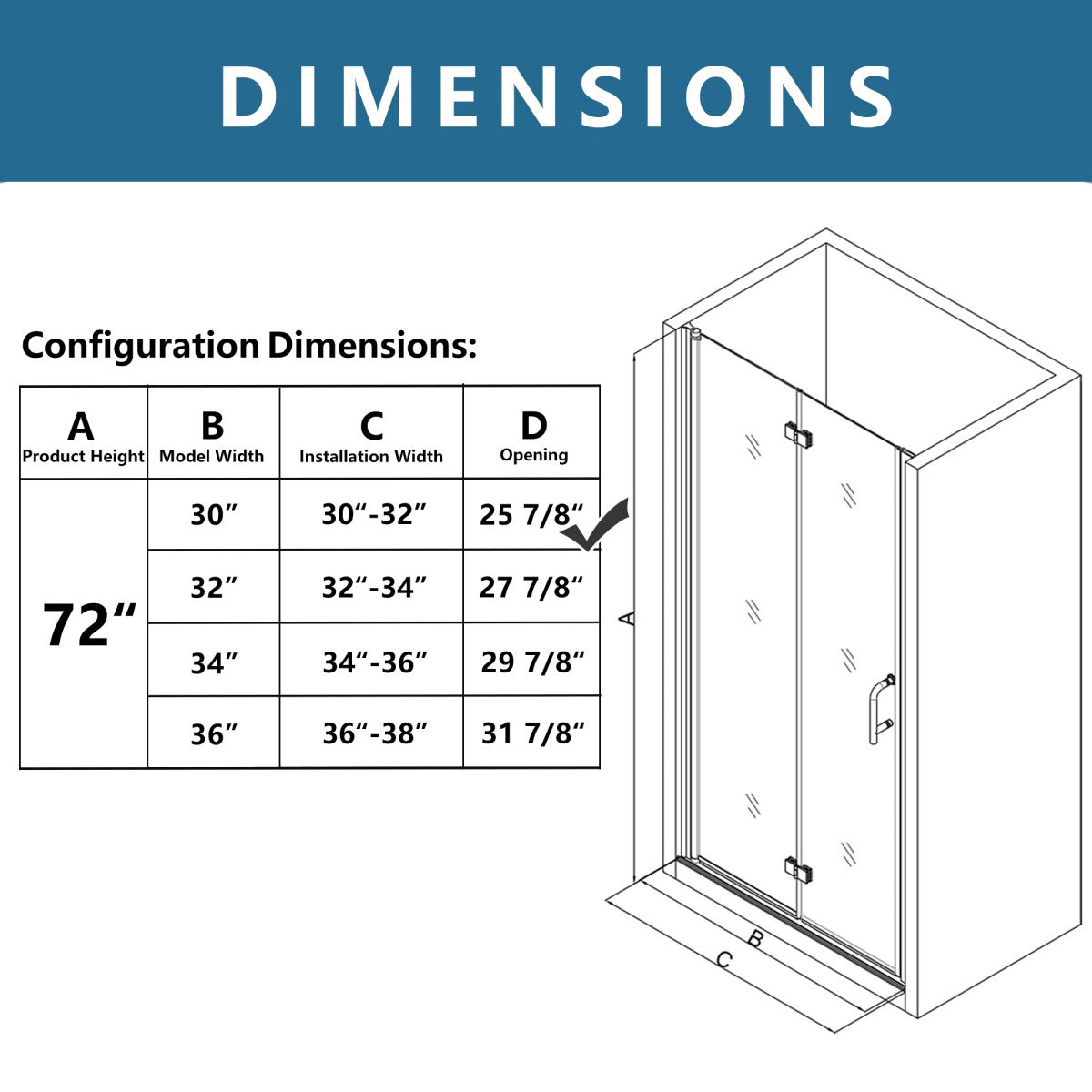 Exbrite Adapt Bifold Shower Door 30-32 in.W x 72 in.H Pivot Swing Shower Doors,Chrome,Clear Tempered Shower Glass - ExBriteUSA