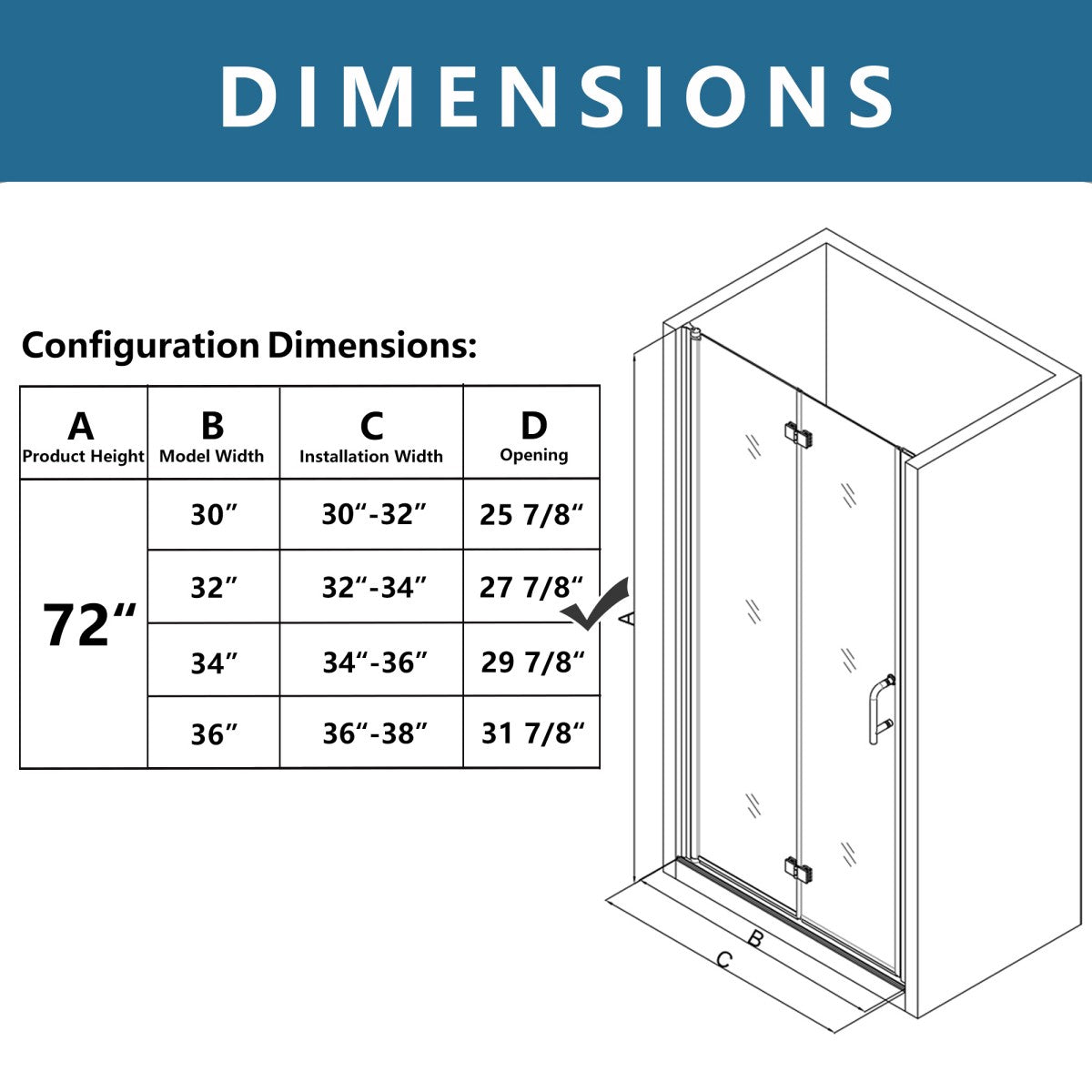 Exbrite Adapt Bifold Shower Door dimensions chart with installation width and opening sizes, 72 inches high, chrome finish, clear tempered glass.