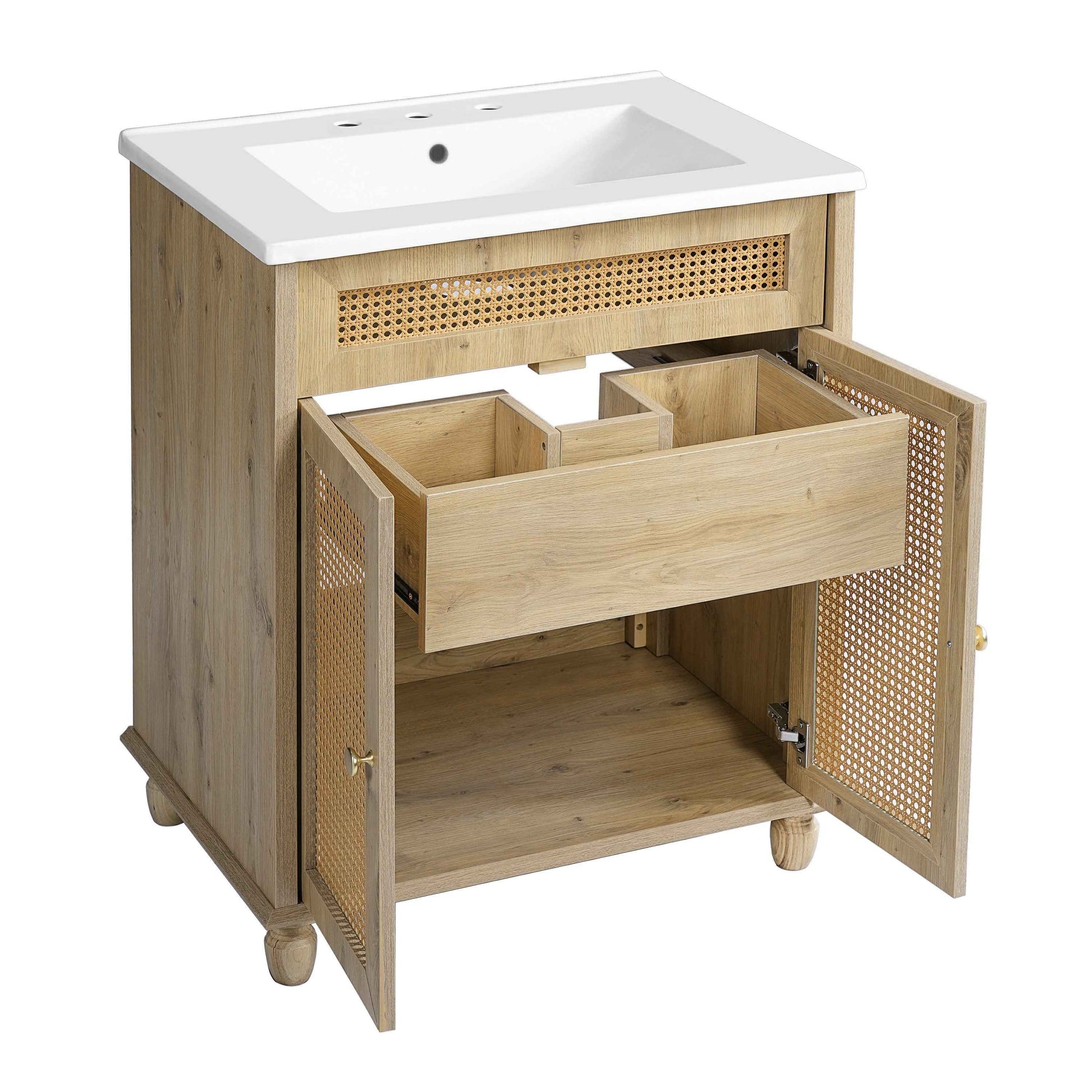 ExBrite 30" Bathroom Vanity with Resin Sink, Solid Wood Legs & Handwoven Rattan Doors for Modern Bathroom Storage
