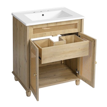 ExBrite 30" Bathroom Vanity with Resin Sink, Solid Wood Legs & Handwoven Rattan Doors for Modern Bathroom Storage
