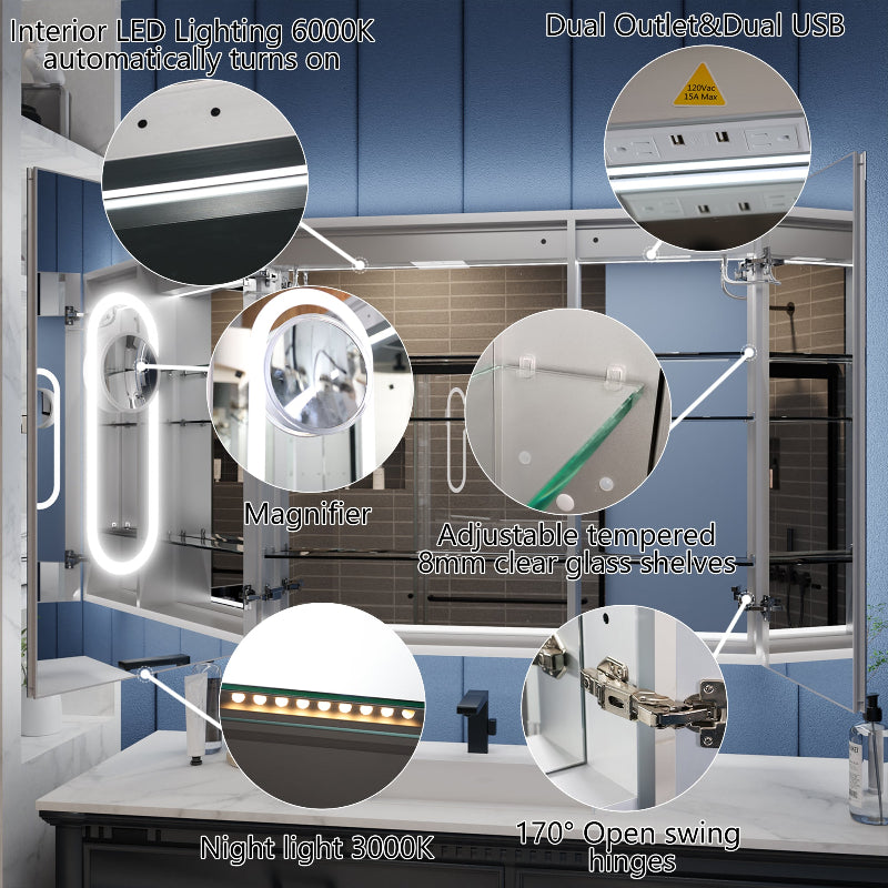Bathroom vanity with LED lighting, magnifier, and adjustable shelves.