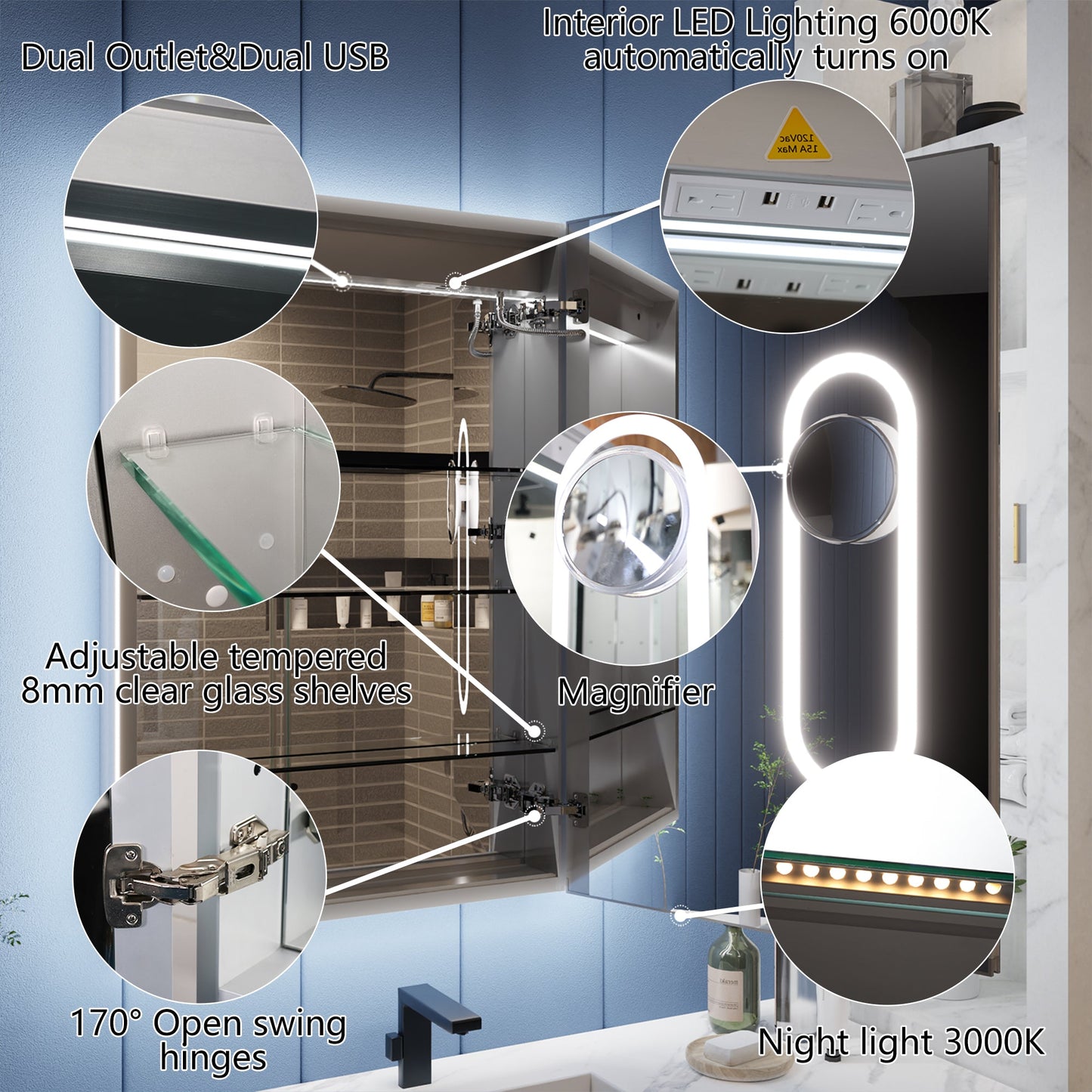 Illusion-B 24" x 36" LED Lighted Inset Mirrored Medicine Cabinet with Magnifiers Front and Back Light, Right Hinge
