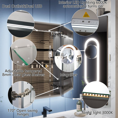 Illusion-B 24" x 36" LED Lighted Inset Mirrored Medicine Cabinet with Magnifiers Front and Back Light, Right Hinge