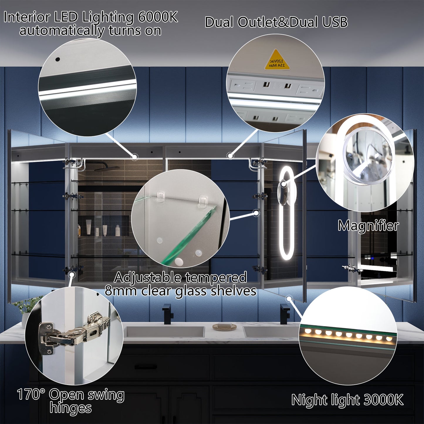 Illusion-B 72" x 36" LED Lighted Recessed Bathroom Medicine Cabinet with Magnifiers Front and Back Light