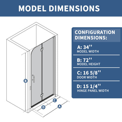 Adapt-E 34 in.W x 72 in.H Bifold Frameless Folding Glass Shower Doors,Chrome Finish,Pivot Swing Shower Doors,1/4 in.Fold Clear Glass