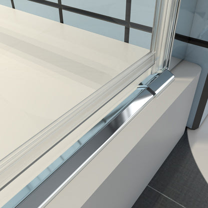 Classy small shower door with chrome finish and clear tempered glass, featuring a semi-frameless hinged pivot design.