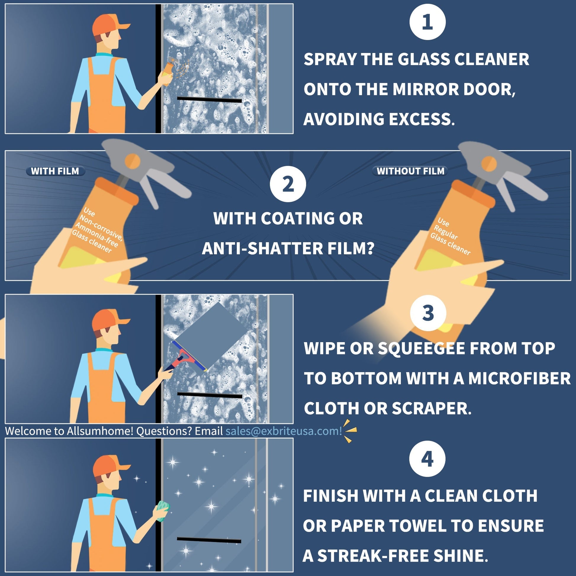 Exbrite Adapt Bifold Shower Door care routine illustration, detailing cleaning steps for tempered glass with anti-shatter film using glass cleaner, microfiber cloth, and scraper for streak-free shine.