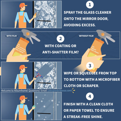 Infographic on how to clean Zephyr 56-60" Semi-Frameless Single Sliding Tub Door with explosion-proof film, showing step-by-step glass cleaning tips including spraying, wiping, and finishing techniques.