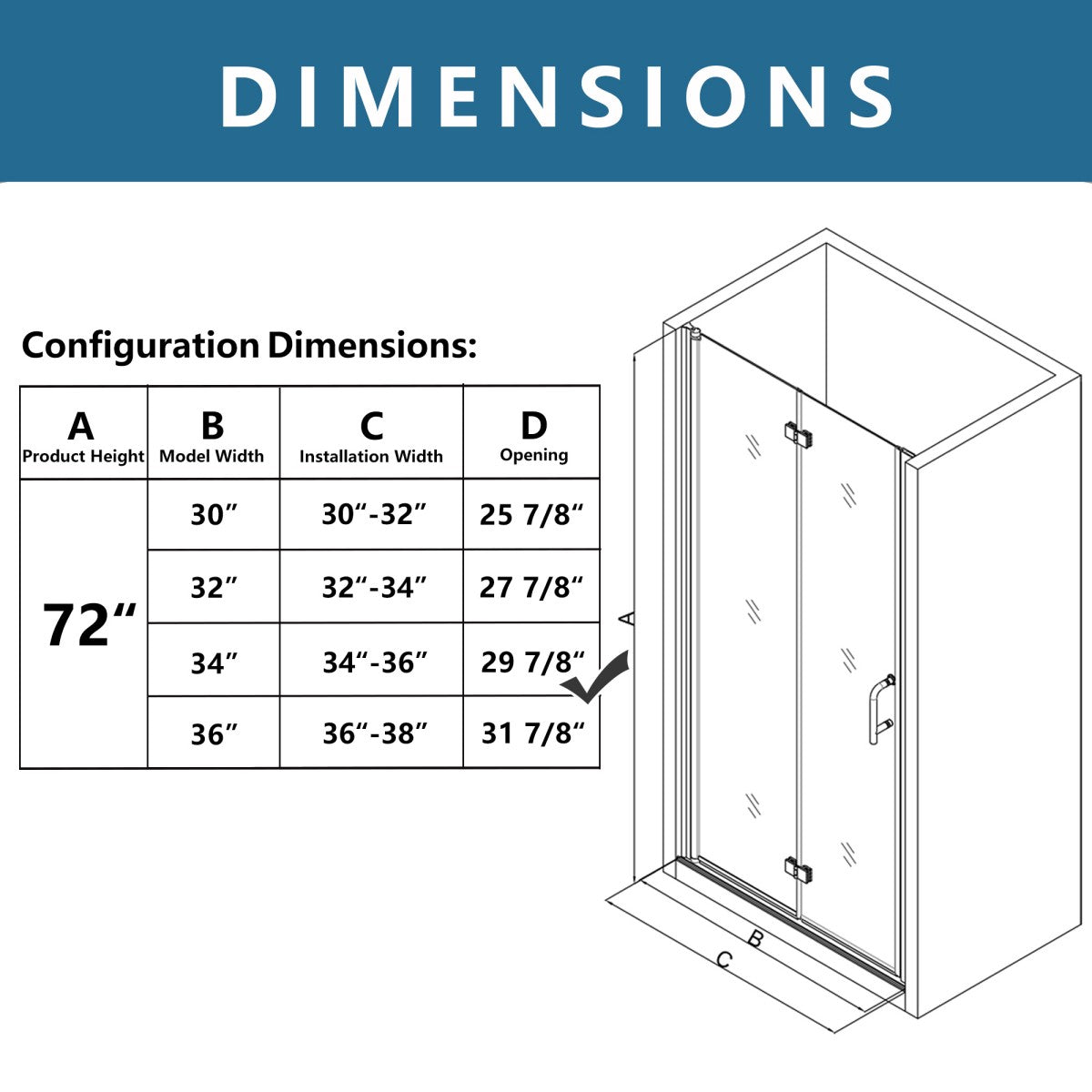 Dimensions diagram for Exbrite Adapt Bifold Shower Door, 34-36 in.W x 72 in.H, showing installation width and door opening details.