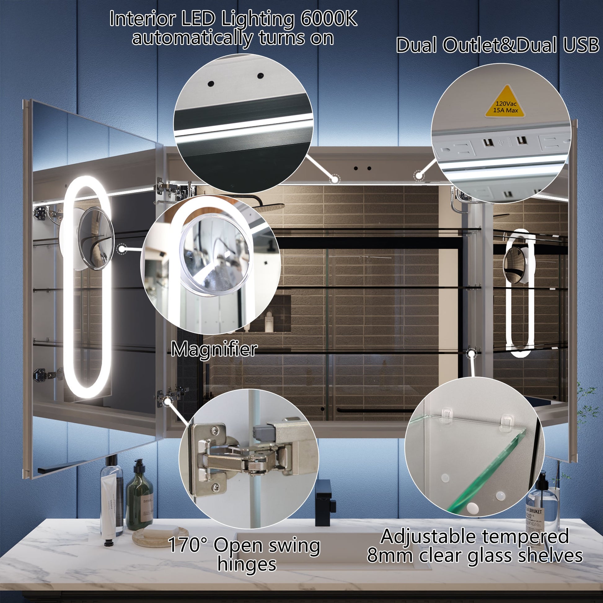 Illusion 36" x 32" LED Lighted Medicine Cabinet with Magnifiers Front and Back Light - ExBriteUSA