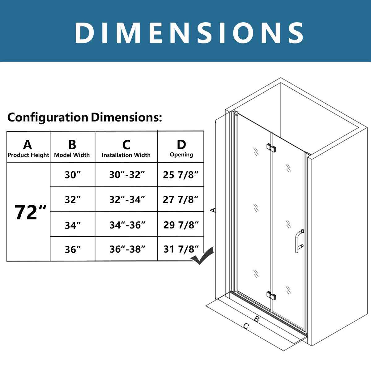 Exbrite Adapt Bifold Shower Door 36-38 in.W x 72 in.H Pivot Swing Shower Doors,Matte Black,Clear Tempered Glass