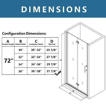 Exbrite Adapt Bifold Shower Door dimensions chart with pivot swing mechanism and brushed nickel finish.