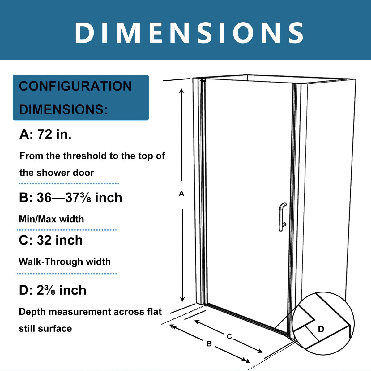 Classy-G 36-37.3" W x 72" H Pivot Frameless Shower Door Matte Black Smoke Gray Glass Shower Door with Handle
