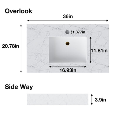 Glam 36" Modern Floating White Rubberwood Bathroom Vanity Cabinet with Lights and Stone Slab Countertop, Single Sinks