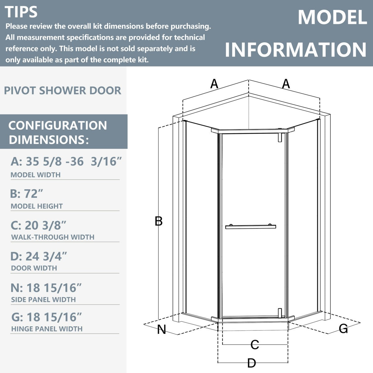 Prism Neo-Angle Frameless Shower Door 36 in. W x 72 in. H Corner Shower Enclosure,6mm Clear Glass,Pivot Shower Doors,Brushed Nickel