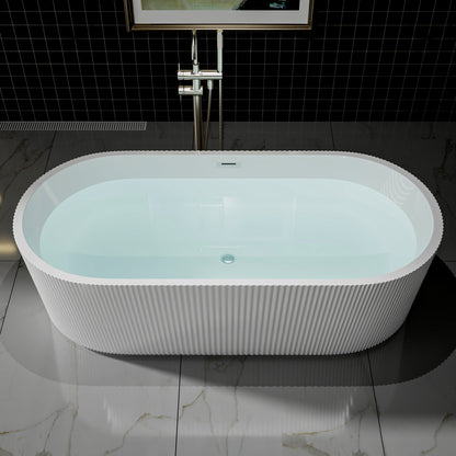 WSP-NK Exbrite 67' Acrylic Freestanding Bathtub, Unique Pleated Design, Glossy White,  Brushed Nickel  Overflow and Pop-Up Drain, cUPC Certified
