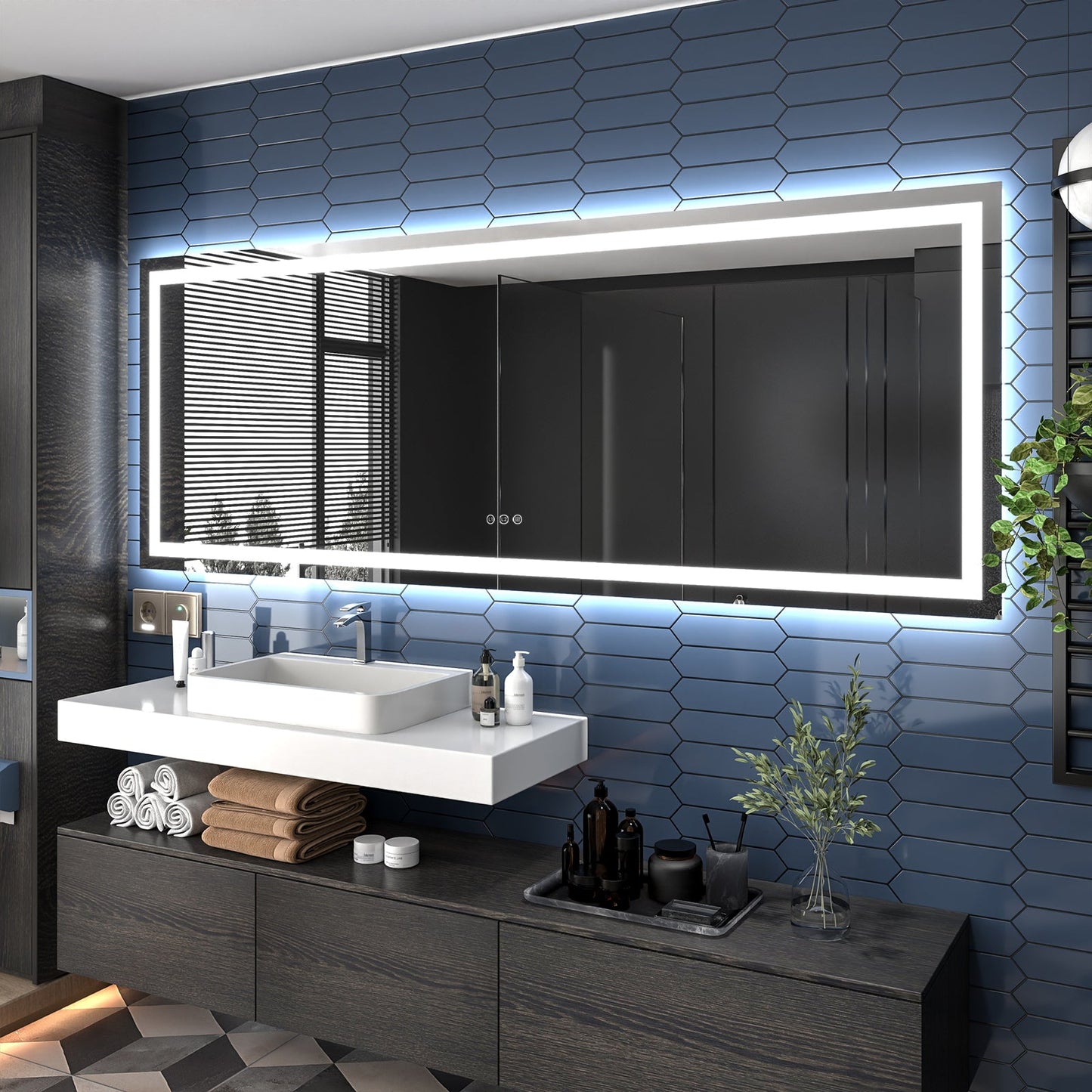 Apex-T 96" W x 36" H Lighted Bathroom Large Light Led Mirror,Anti Fog,Dimmable,Three Lighting Modes