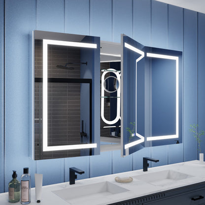 Bathroom vanity with a large illuminated mirror and blue wall.