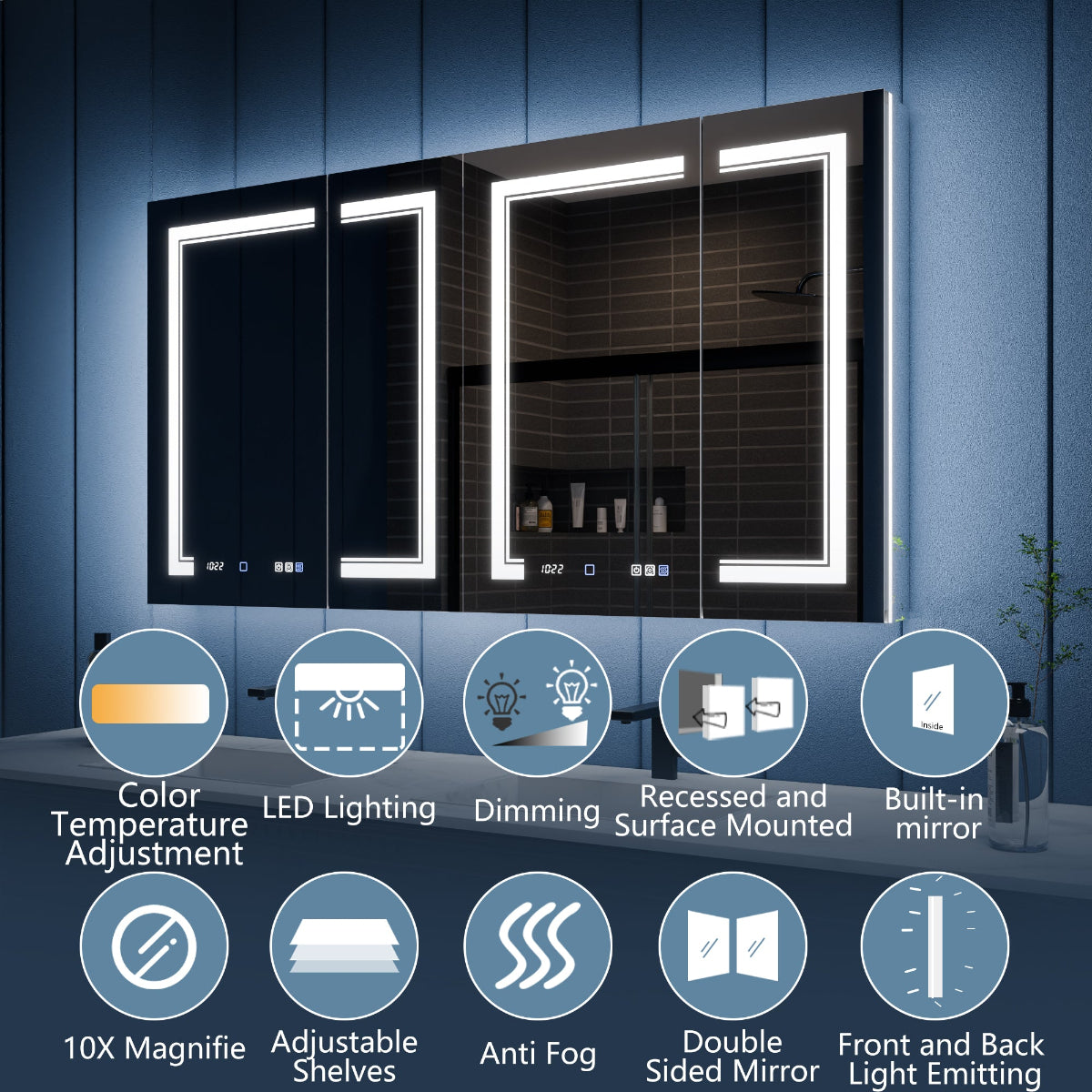 Illusion-B 60" x 32" LED Lighted Inset Mirrored Medicine Cabinet with Magnifiers Front and Back Light - ExBriteUSA