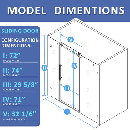 Diagram of a sliding door with labeled dimensions on a blue and white background