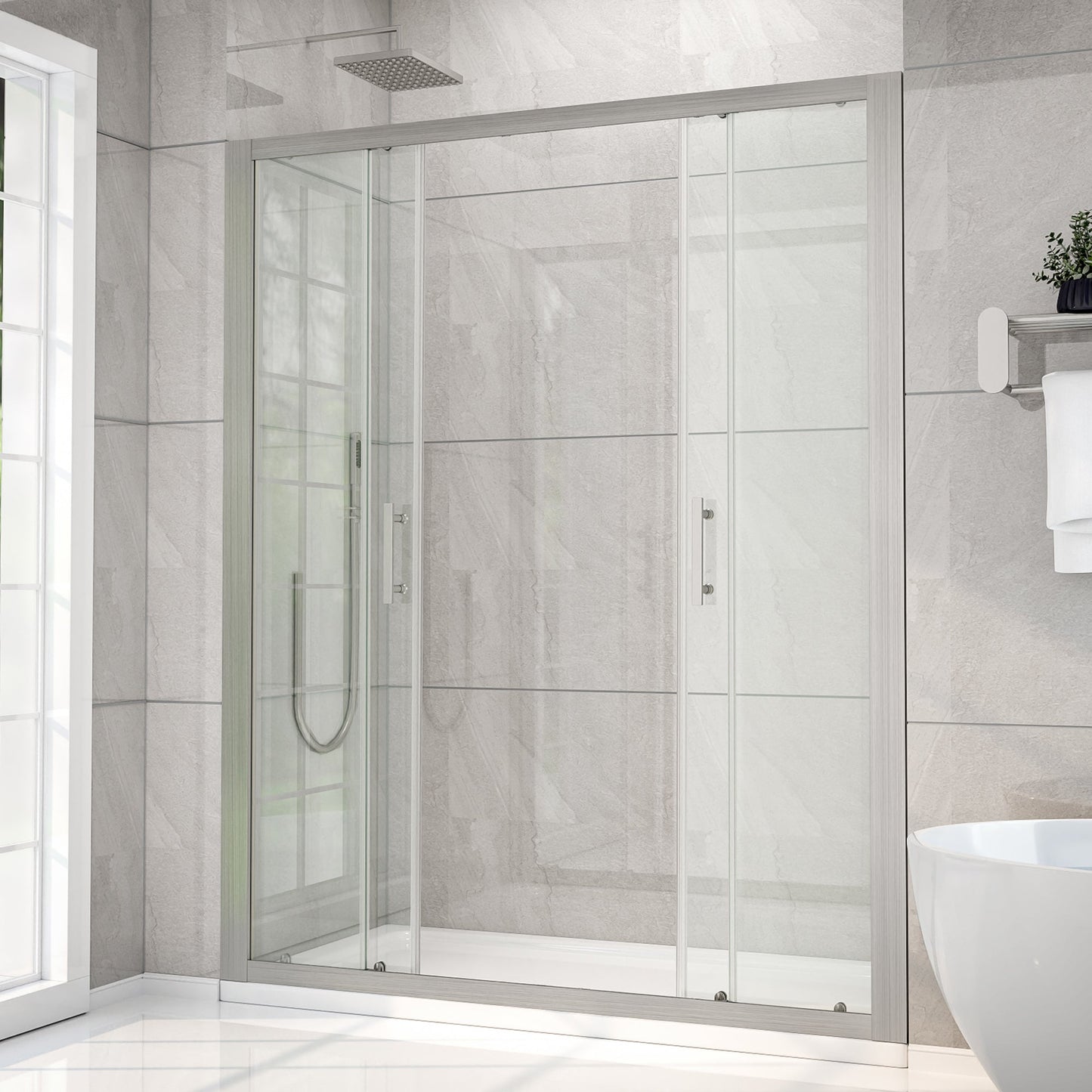 Holden 56-60"W x 70"H Easy Clean Shatter Proof Double Framed Sliding Shower Door with 1/4" (6mm) Clear SGCC Tempered Glass,Brushed Nickel