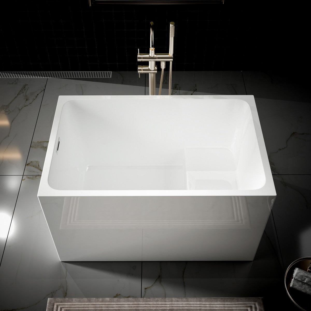 SQ-S Exbrite 43' Acrylic Freestanding Bathtub with seat,Spacious rectangle Shape, Gloss White Finish, Chrome Overflow & Pop-Up Drain - ExBriteUSA