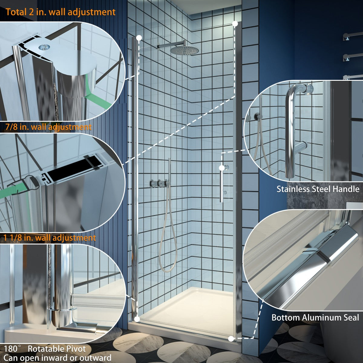 Classy 24-26" small chrome pivot shower door with clear glass, shown in a modern bathroom setting.
