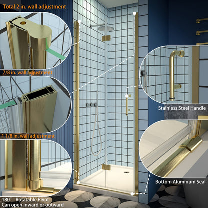 Exbrite Adapt Bifold Shower Door 32-34 in.W x 72 in.H Pivot Swing Shower Doors,Brushed Gold,Tempered Shower Glass - ExBriteUSA