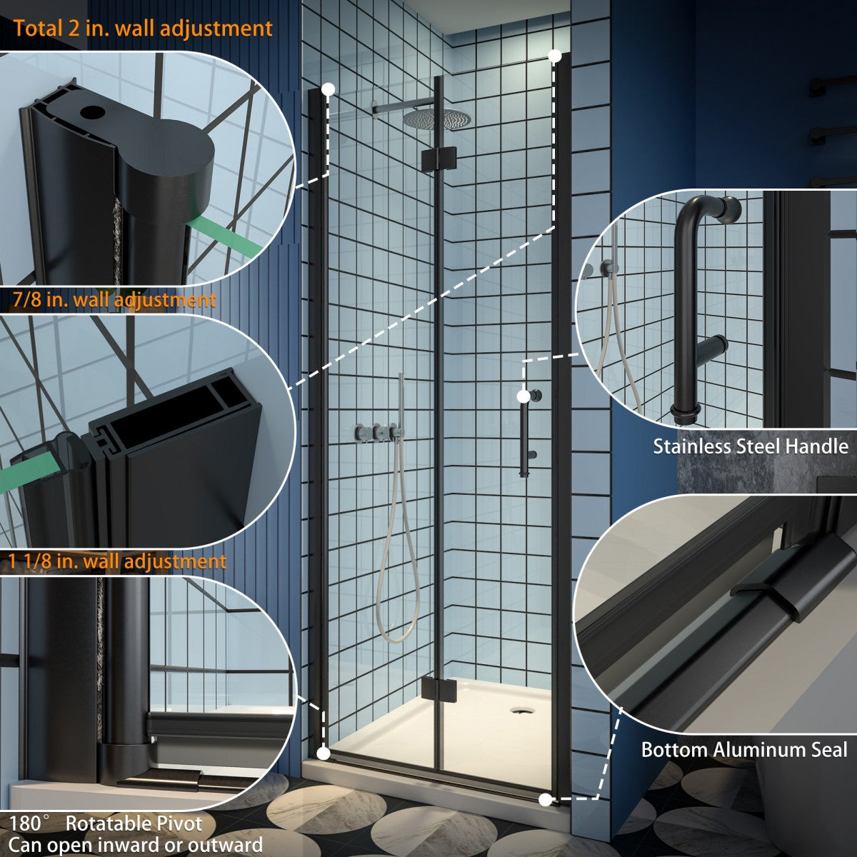 Exbrite Adapt Bifold Shower Door 30-32 in.W x 72 in.H Pivot Swing Shower Doors,Matte Black,Tempered Shower Glass - ExBriteUSA