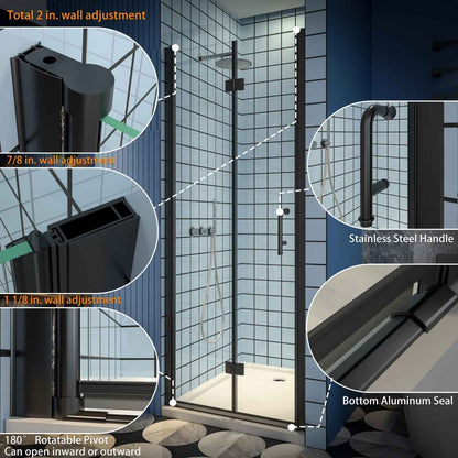 Exbrite Adapt Bifold Shower Door 36-38 in.W x 72 in.H Pivot Swing Shower Doors,Matte Black,Clear Tempered Glass