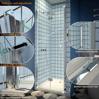 Exbrite Adapt Bifold Shower Door 34-36 in.W x 72 in.H Pivot Swing Shower Doors,Chrome,Clear Tempered Shower Glass