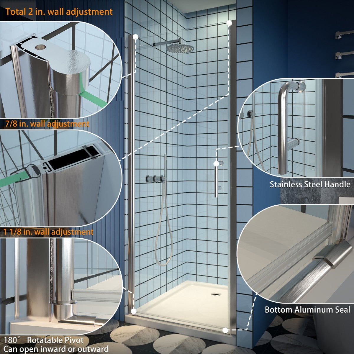 Classy 34-36" W x 72" H Hinged Pivot Semi-Frameless Shower Door Brushed Nickel Install Glass Shower Door - ExBriteUSA