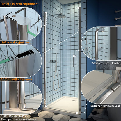 Classy 34-36" W x 72" H Hinged Pivot Semi-Frameless Shower Door Brushed Nickel Install Glass Shower Door - ExBriteUSA