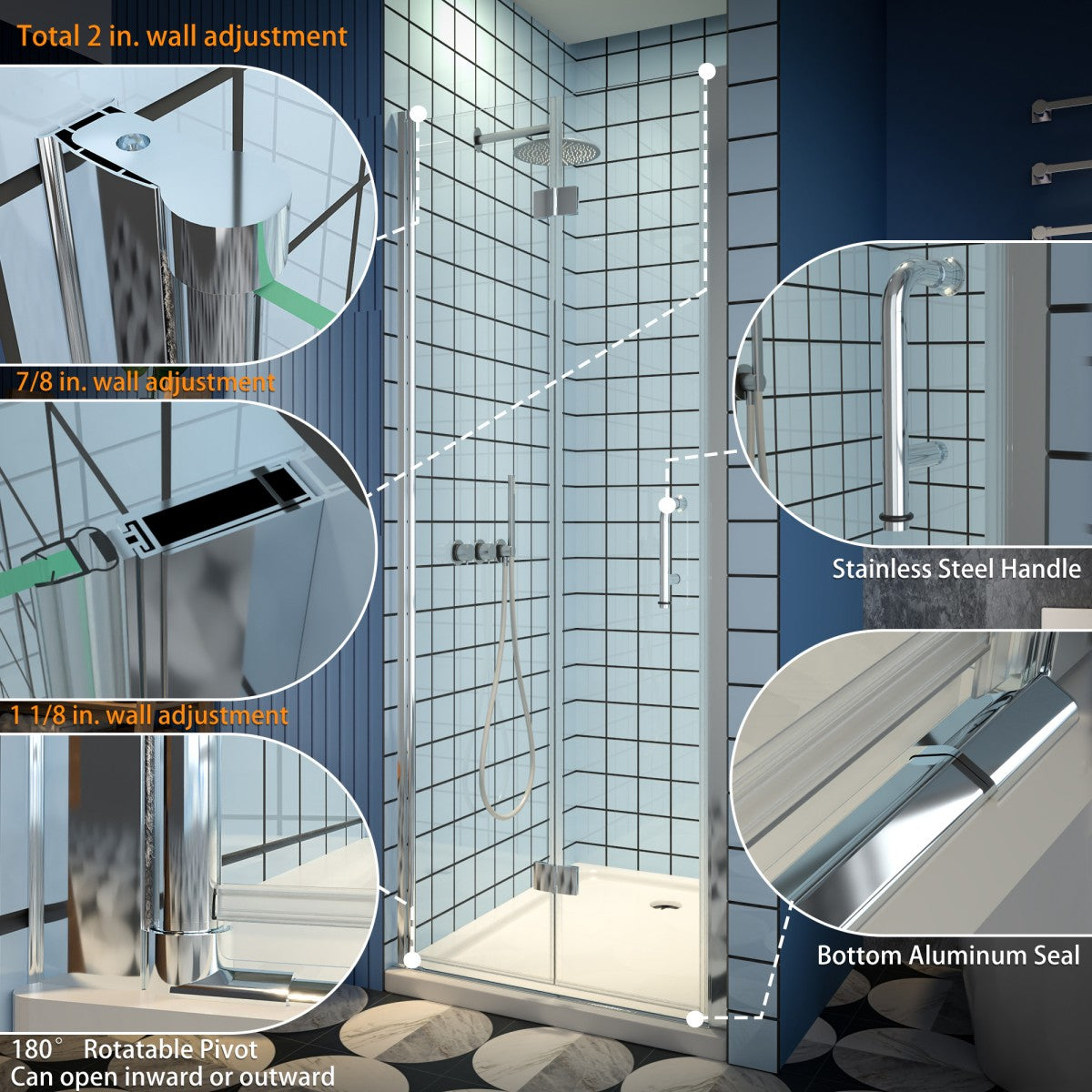 Exbrite Adapt Bifold Shower Door 30-32 in.W x 72 in.H Pivot Swing Shower Doors,Chrome,Clear Tempered Shower Glass - ExBriteUSA