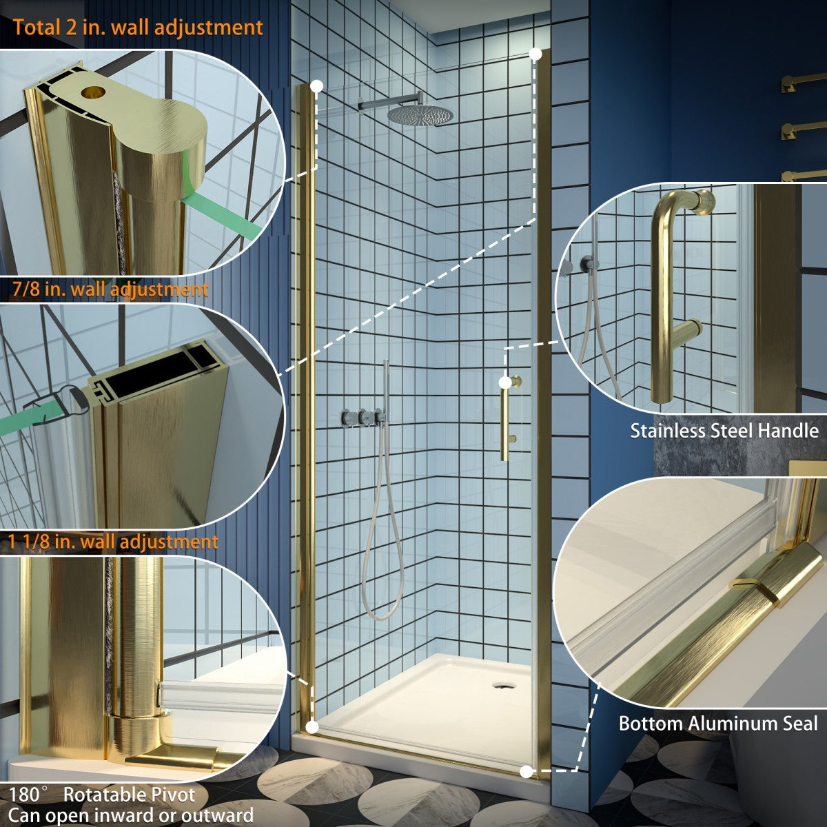 Classy 30-32"x72" Frameless Shower Door in Brush Gold,Water Repellent Glass with Seal Strip Parts and Handle,6mm Glass Shower Door - ExBriteUSA
