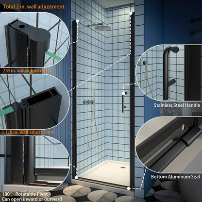 Classy 32-34" W x 72" H Pivot Shower Door Semi-Frameless Hinged in Matte Black Install Glass Shower Door