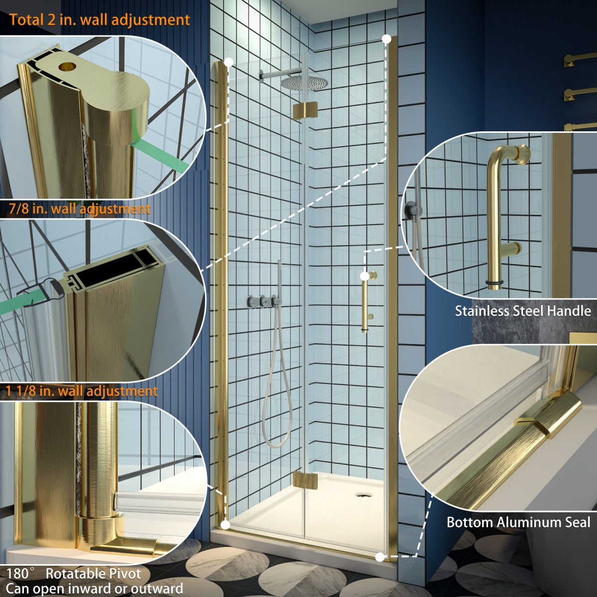 Exbrite Adapt Bifold Shower Door 30-32 in.W x 72 in.H Pivot Swing Shower Doors,Brushed Gold,Tempered Shower Glass - ExBriteUSA